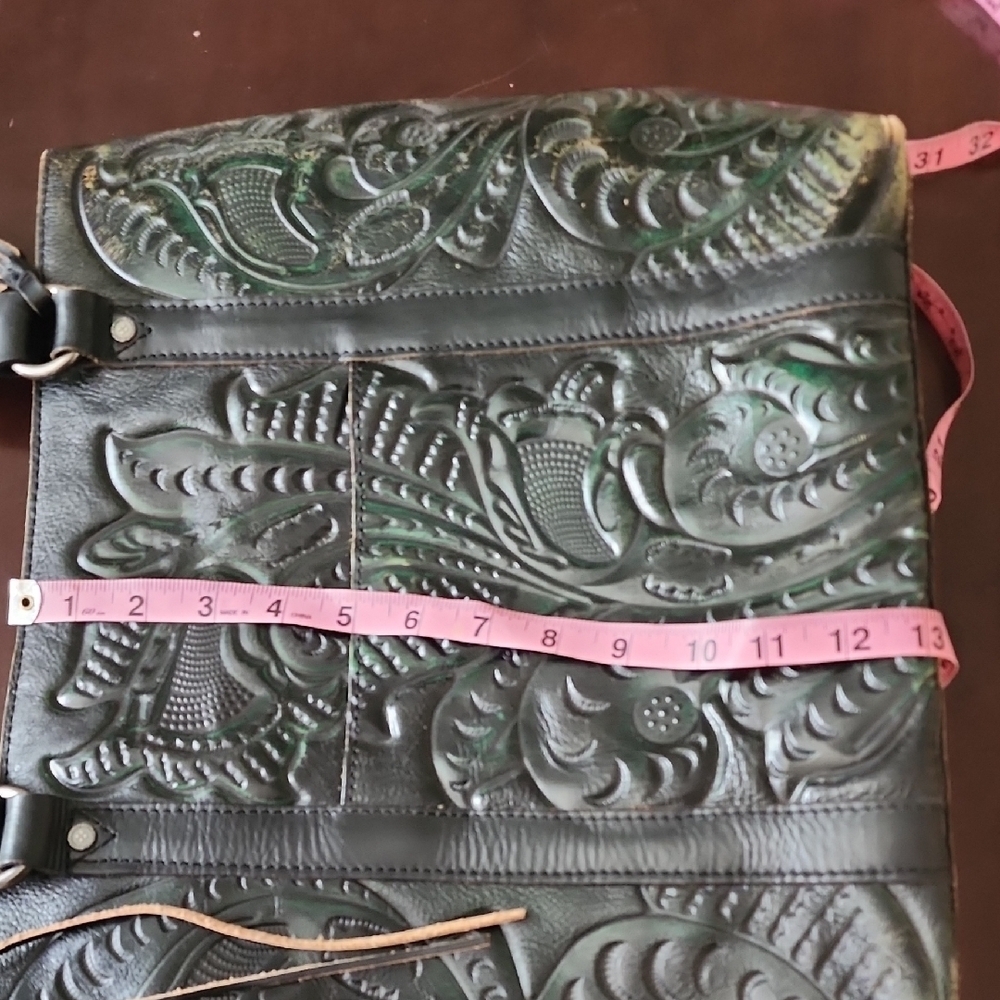 Patricia Nash Tooled Embossed Green Leather Tote Fringe Boho Bag - Picture 10 of 13